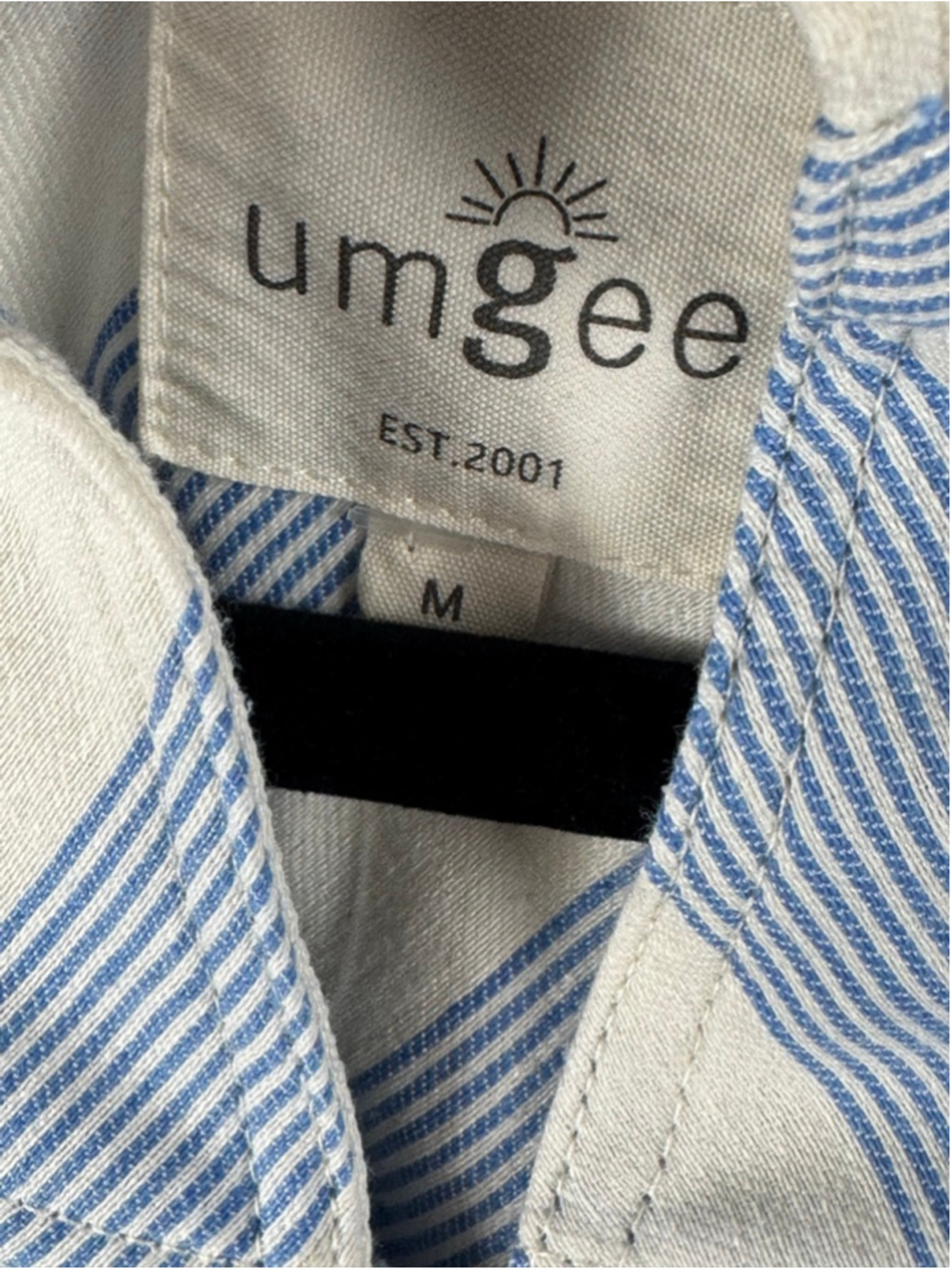 Umgee Chic White Blue Striped High Ruffle Neck top size Medium - Picture 5 of 11